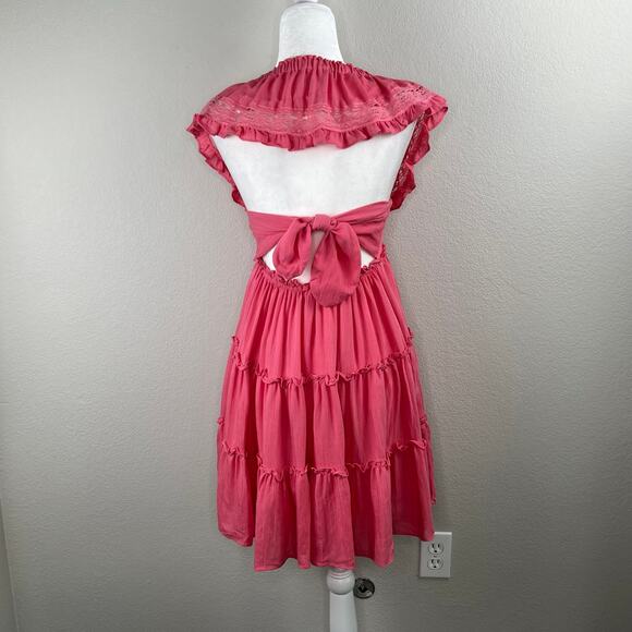 Lush Pink Blossom Lace Tie Back Square Neck Tiered Sleeveless Mini Dress LG NWT - Picture 12 of 12